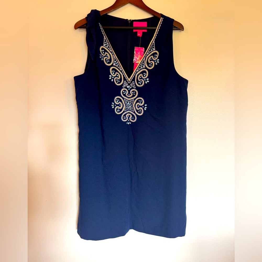 Holiday Festive Lilly Pulitzer Navy Embroidered Beaded Sequin Dress NWT Size 16
